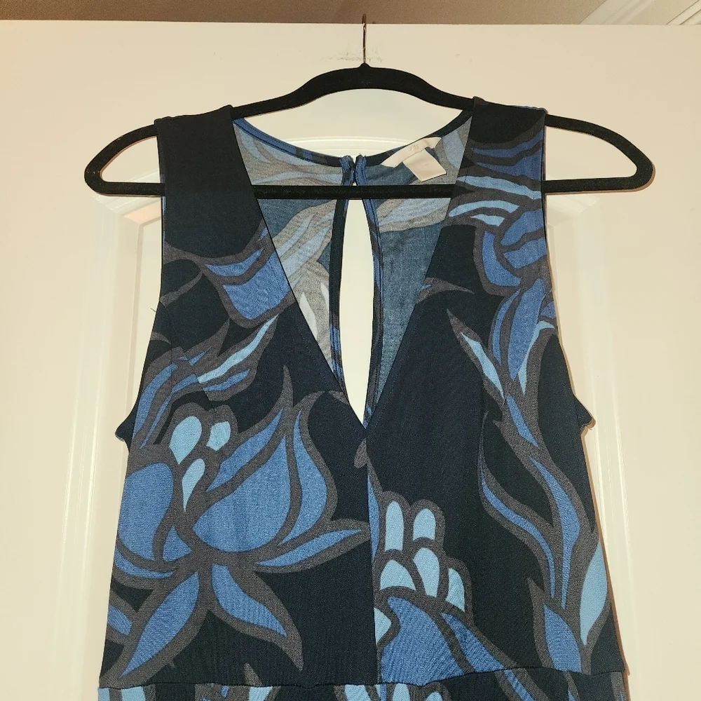 H&M Blue Floral Jumpsuit Size L Jersey Knit Sleeveless Low Back Keyhole Closure - Picture 4 of 16